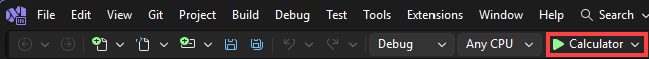 Screenshot that shows selecting the Calculator button to run the app from the Debug toolbar.