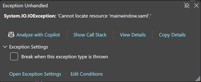 Screenshot of the Output window showing a System.IO.IOException with the message, Cannot locate resource mainwindow.xaml.