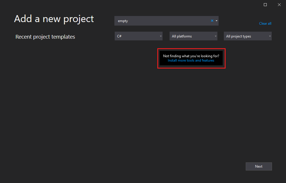 The Open Visual Studio Installer link in the Create a New Project dialog in Visual Studio. Screenshot that shows the Open Visual Studio Installer link.