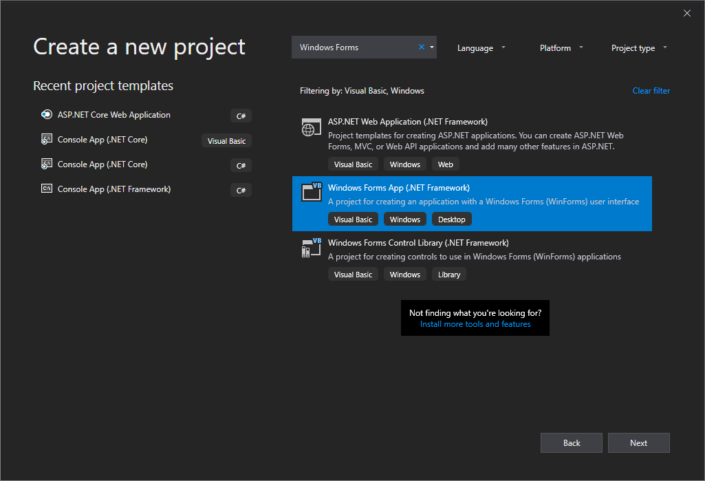 Screenshot showing the Create a new project window with Windows Forms App (.NET Framework) selected.