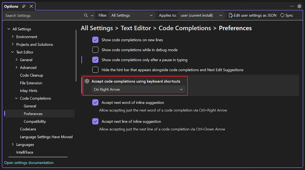 Screenshot that shows how to configure the option to accept code completions by using the right arrow.