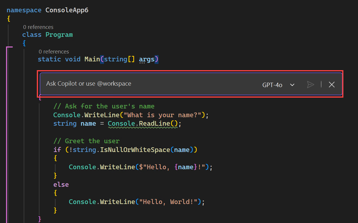 Screenshot of inline chat interface in the editor window.