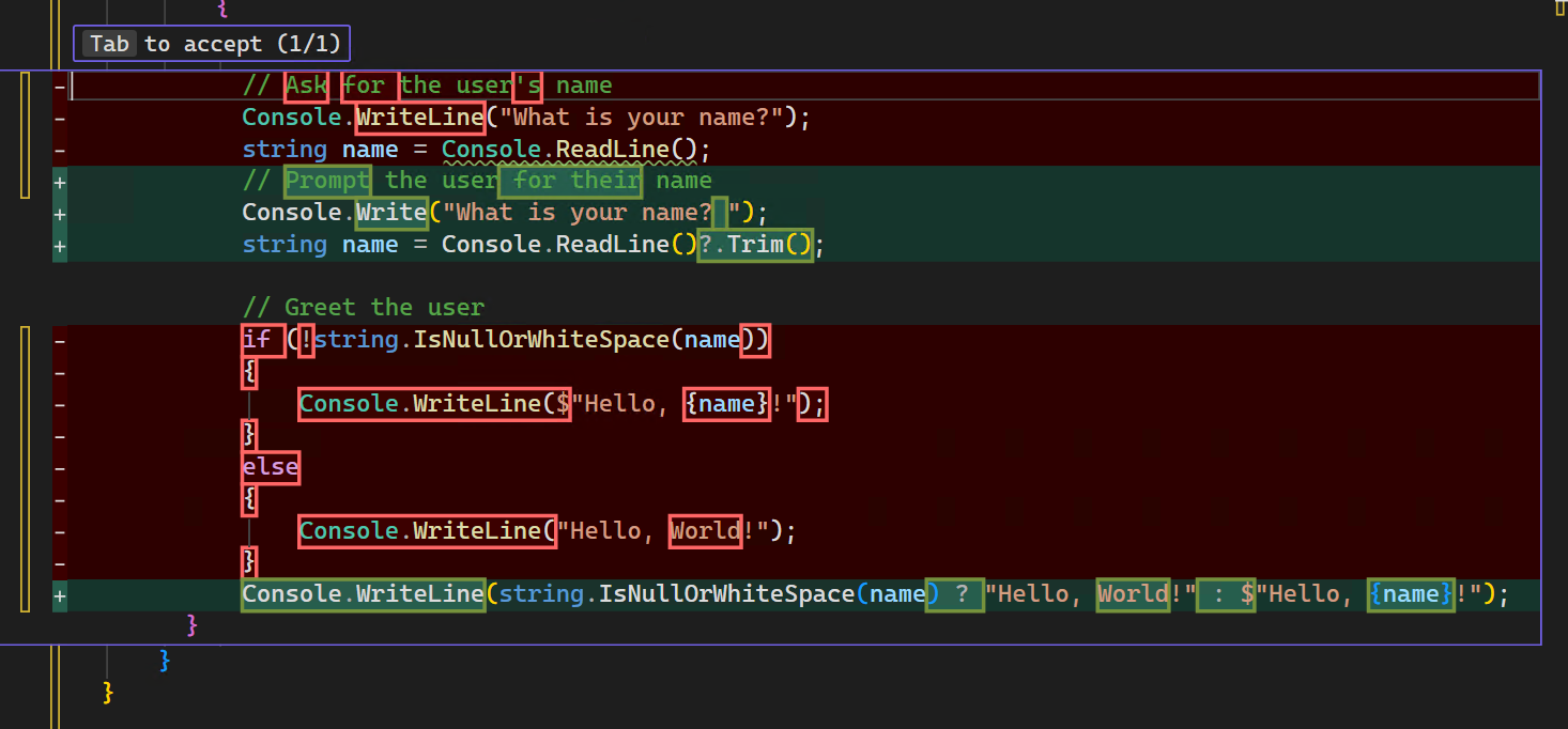 Screenshot of code suggestions in Visual Studio diff view.