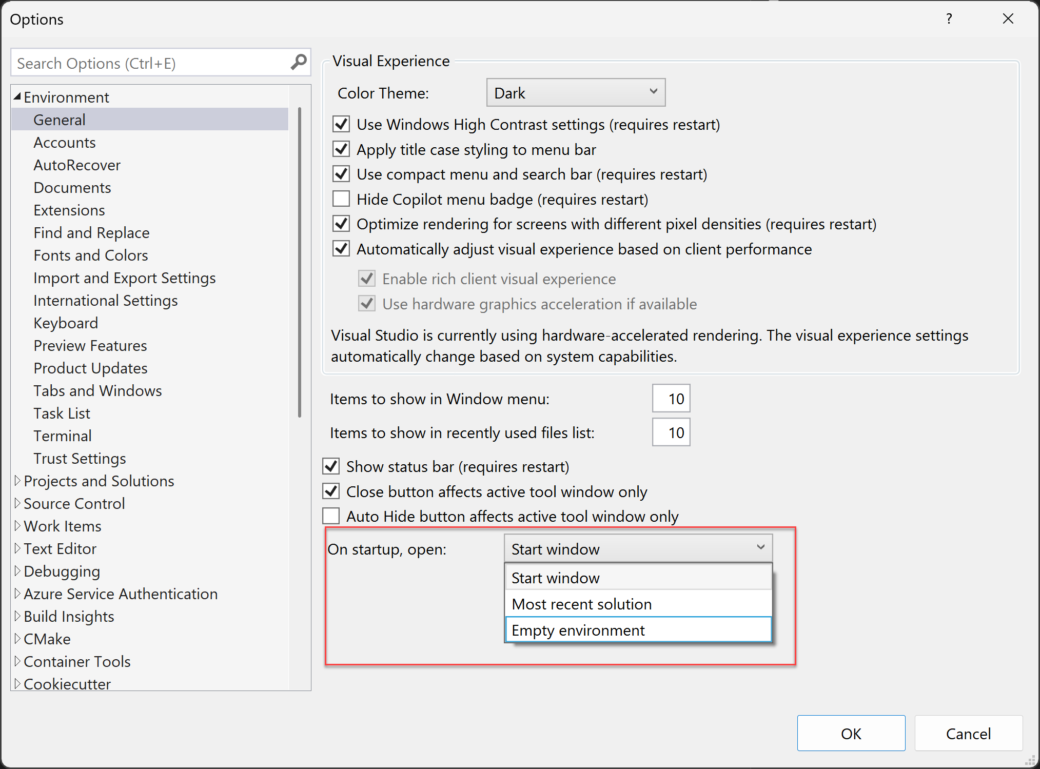 Screenshot of the options to customize the startup experience in Visual Studio.