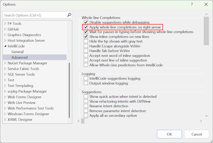 Screenshot of Settings menu to change right arrow to accept whole-line autocompletion.