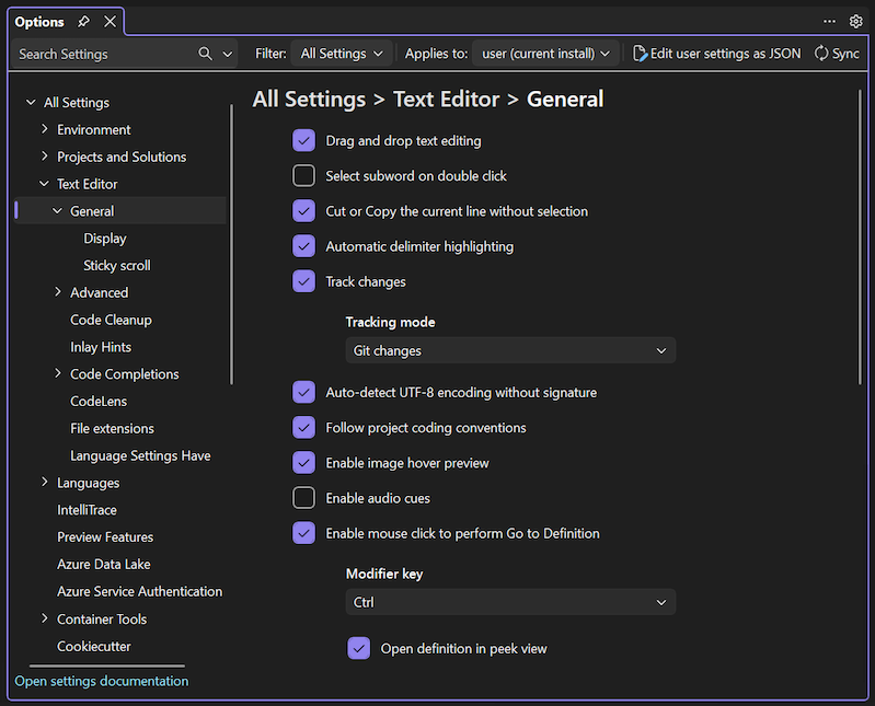 Screenshot of the General settings for the Text Editor in the Tools Options pane.
