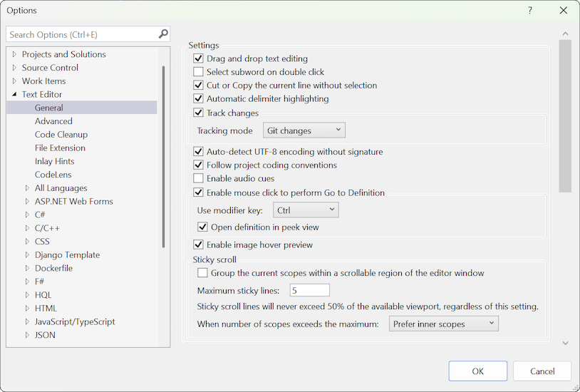 Screenshot of the text editor's general settings in the Options dialog box.