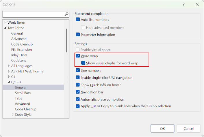 Screenshot of the word wrap option in Text Editor Settings.