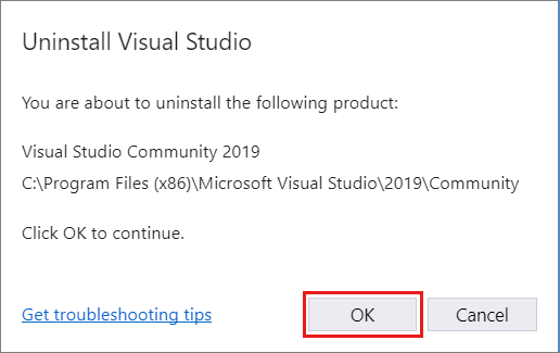Screenshot that shows the dialog to confirm that you want to uninstall Visual Studio 2019.