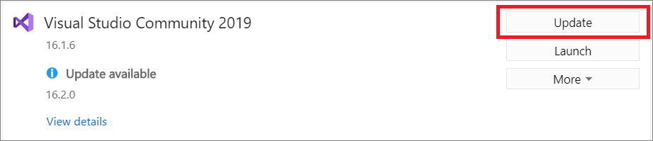 Select the Update button to install the updates Screenshot showing the Update button in the Visual Studio installer that can be used to update to a Visual Studio 2019 installation.