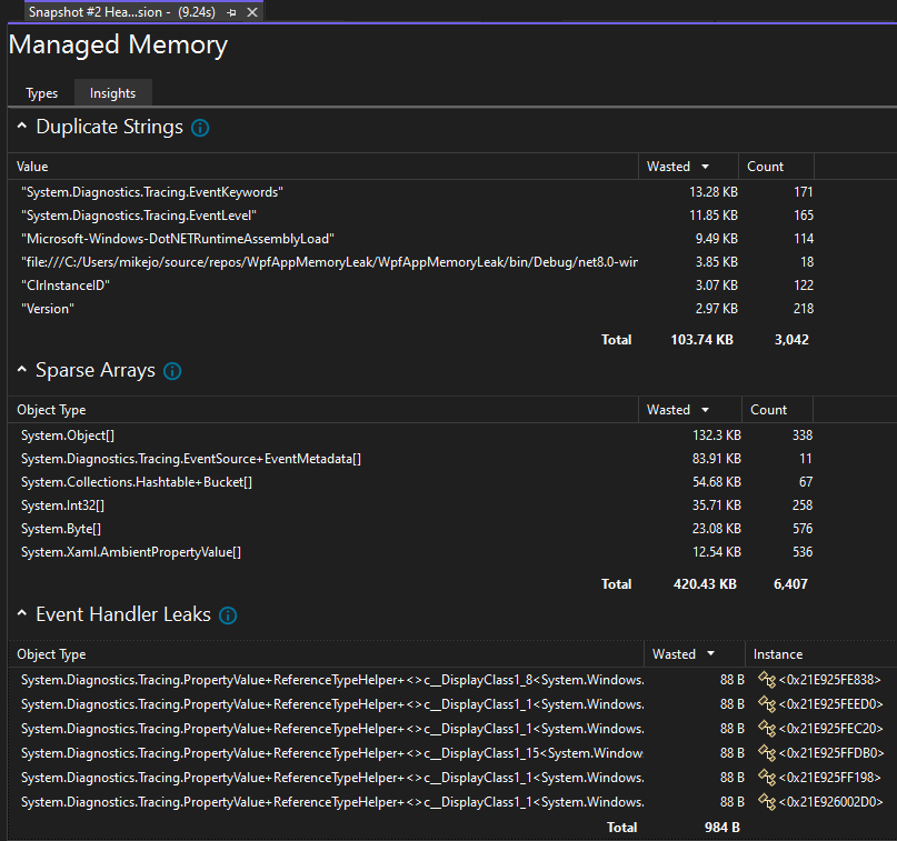 Memory Usage insight Screenshot of the insight view in the Memory Usage tool.