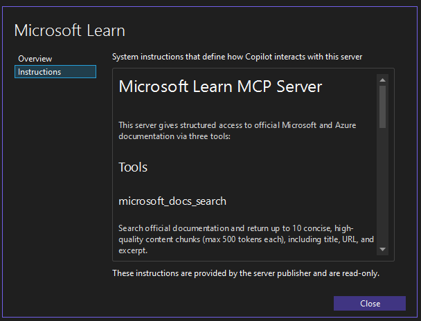 MCP server instructions window in Visual Studio
