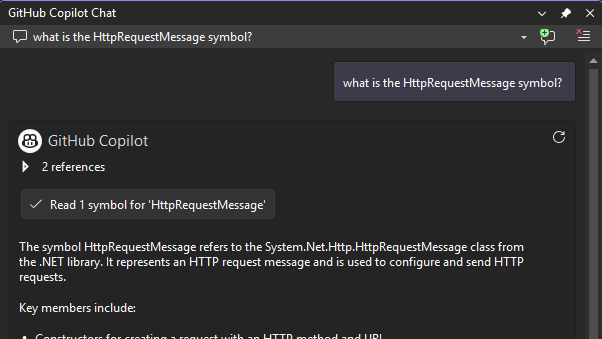 Screenshot demonstrating Copilot Chat's understanding of external symbols from project dependencies with code suggestions