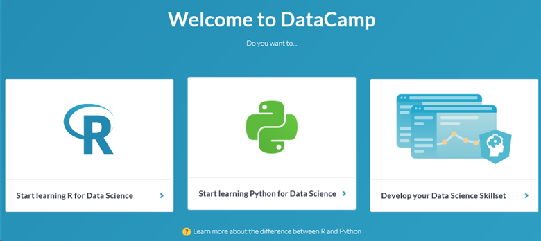 Screenshot of Welcome to Data Camp screen showing available learning paths. DataCamp Choose Path