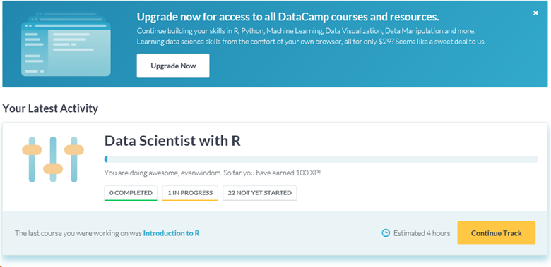 Screenshot of the dashboard showing latest activity and any tracks in progress. DataCamp Continue Training