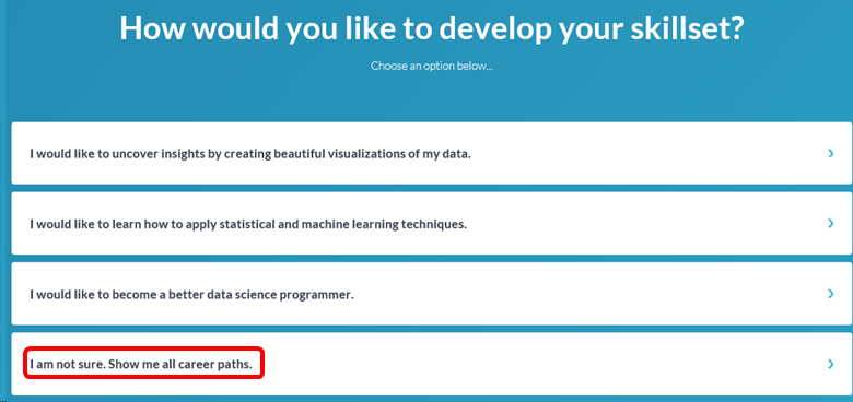 Screenshot of Develop your Data Science Skill set dialog. I am not sure. Show me all career paths option is selected. DataCamp Data Science Skillset
