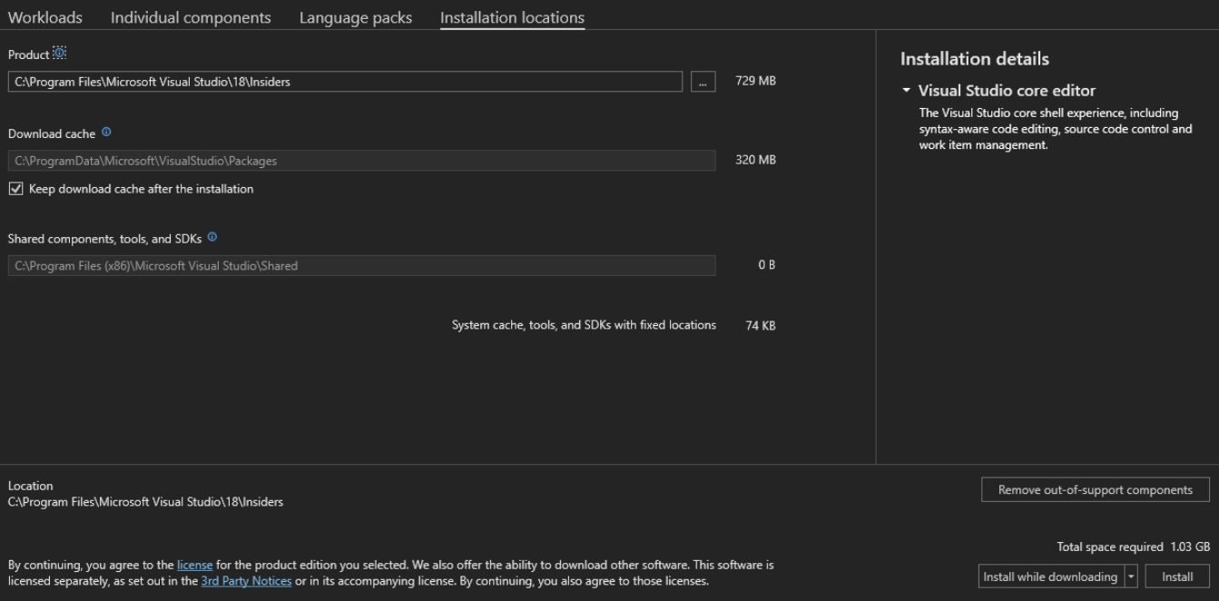 Screenshot showing the installation locations for Visual Studio Enterprise 2026. Screenshot showing the "Installation locations" tab for Visual Studio Enterprise 2026.