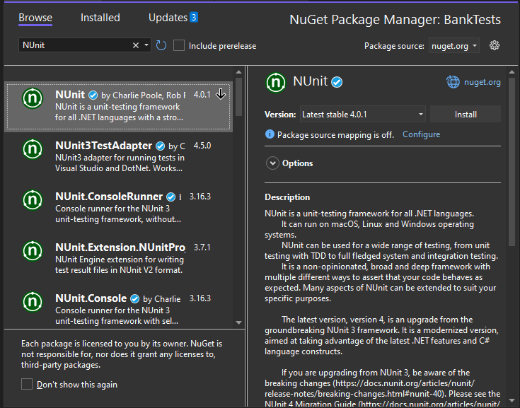 Screenshot of NuGet Package Manager in Visual Studio 2022.