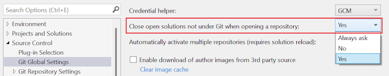 Screenshot of the 'Close open solutions not under Git when opening a repository' option in the Options dialog.