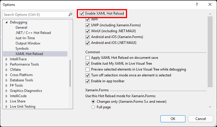 Screenshot of the XAML Hot Reload options in the Tools Options dialog.