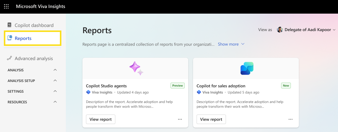 Screenshot that shows where to find Copilot Analytics reports.