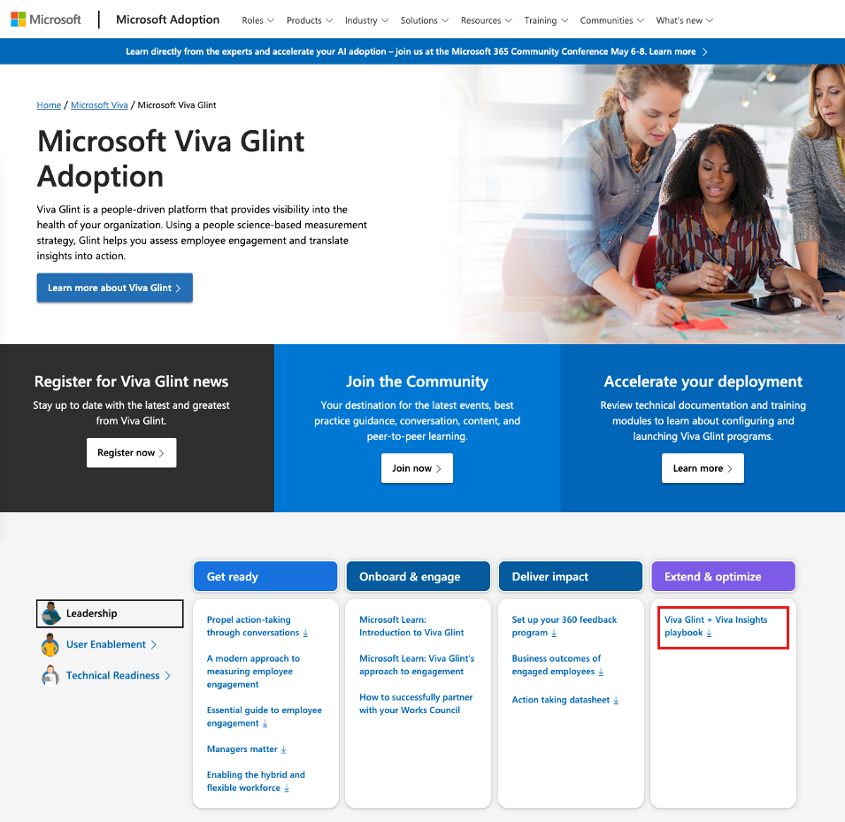 Screenshot of how to locate the Viva Glint and Insights Playbook on the Microsoft Adoption site.