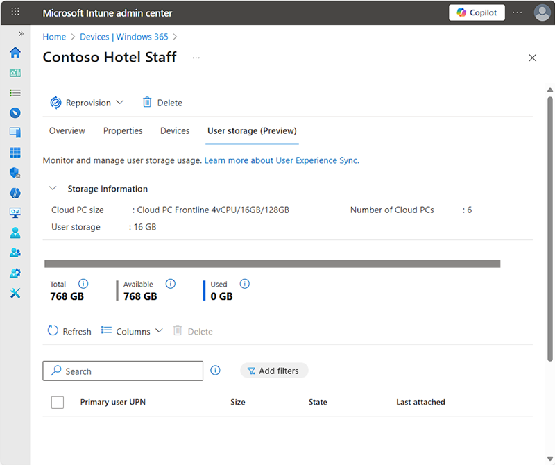 Screenshot that shows the cloud PC storage's total, available, used, and per-user details.