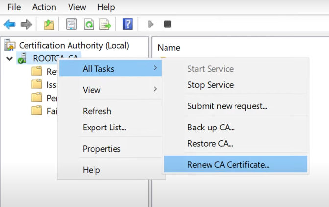 A screenshot of the option to renew CA certificate.