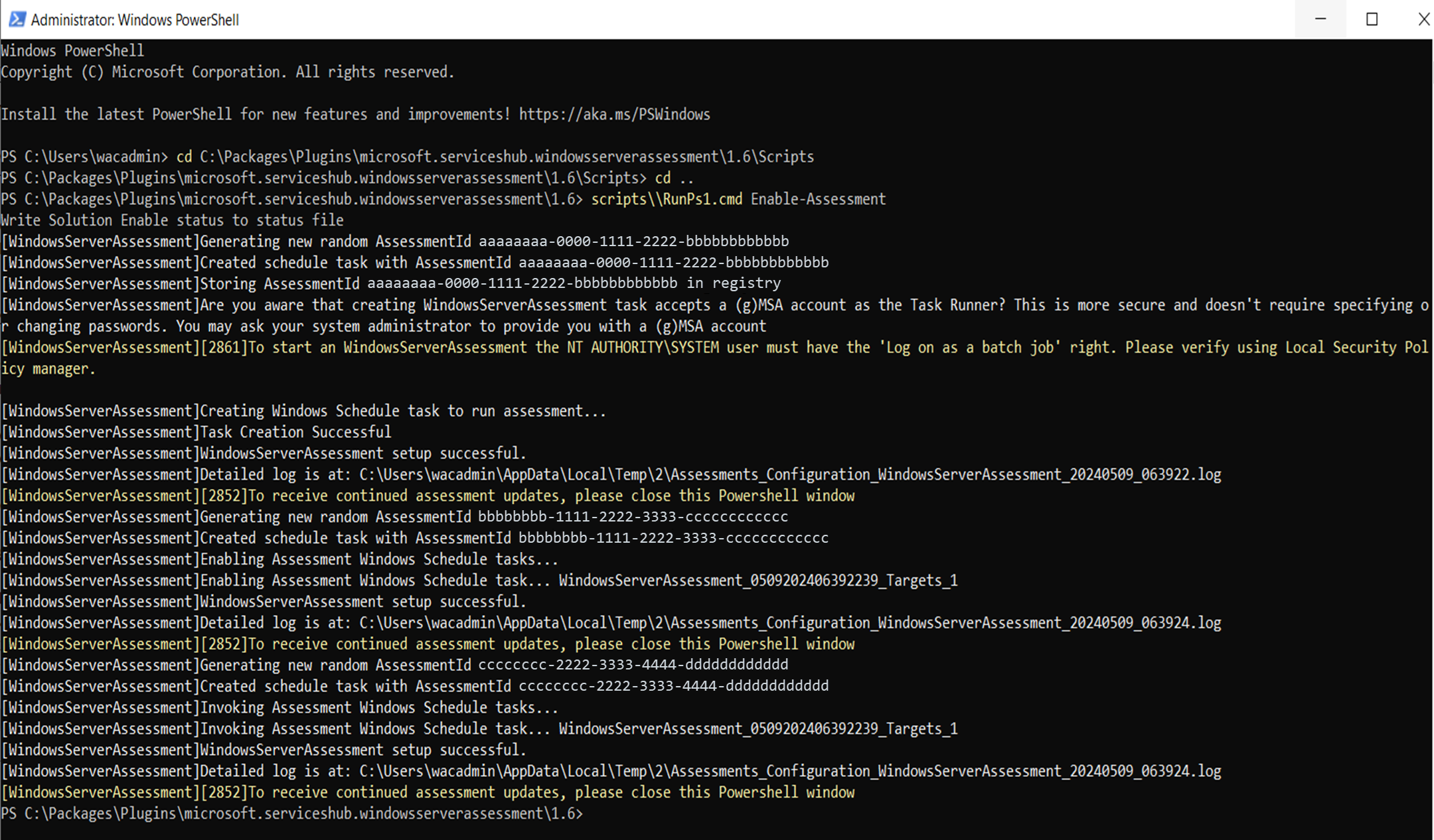 A screenshot of a PowerShell script output running to reenable the required extension for the Best Practices Assessment tool.
