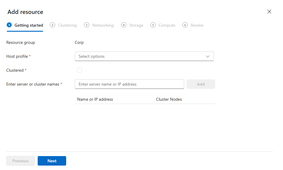 Screenshot of the Add Host wizard Getting started tab with Host FQDN field entered and Host Profile selection set to Compute.