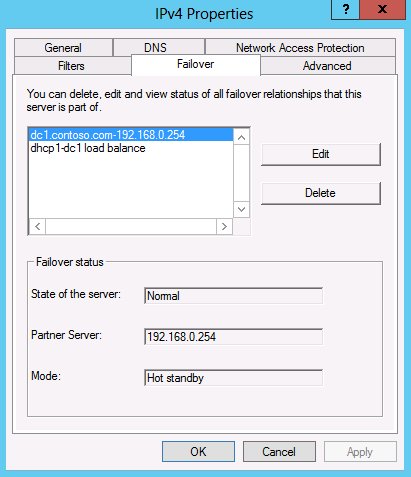 Screenshot of viewing the failover properties in the DHCP console.