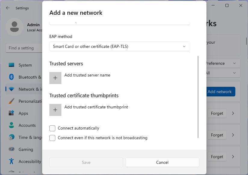 Screenshot of the Add a new network dialog, showing WPA3-Enterprise and EAP-TLS, in the Windows 11 Settings app.