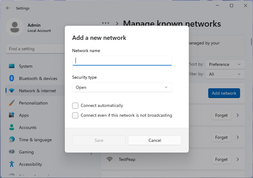 Screenshot of the Add a new network dialog in the Windows 11 Settings app.