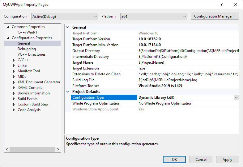 Screenshot of the project Property page with Configuration Properties - General selected, the Configuration Type property highlighted and it's value set to 'Dynamic Library (.dll)'.