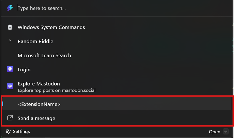 Screenshot of extension with send message command at top level
