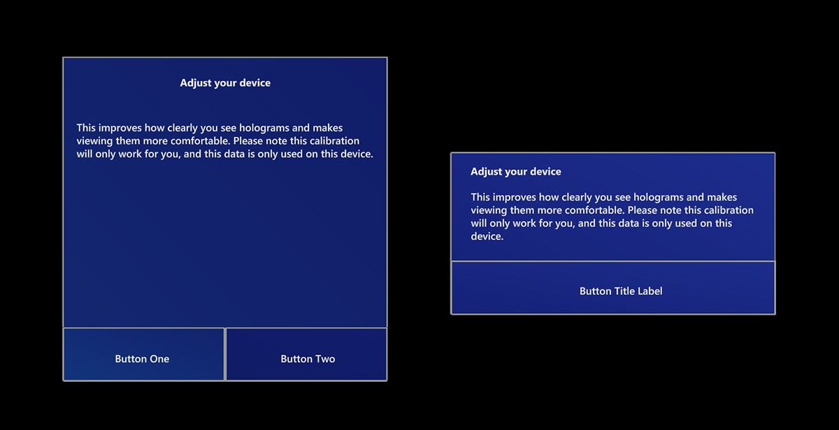 Screenshot of different size dialog overlays running on HoloLens