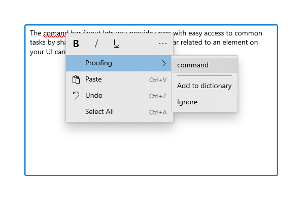 An expanded text command bar flyout