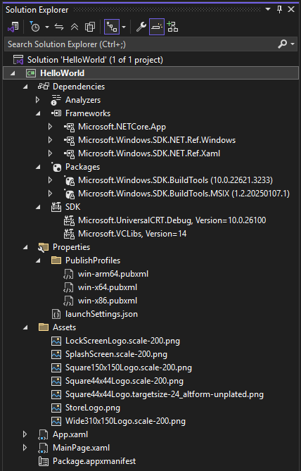 A screenshot of the Visual Studio Solution Explorer pane with the HelloWorld project highlighted and all folders expanded
