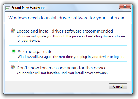 screen shot of 'found new hardware' dialog box
