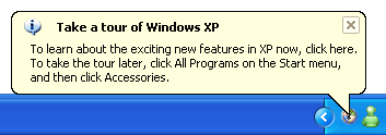 screen shot of 'tour windows xp' notification