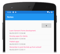 Xamarin.Android app with a XAML UI Screenshot shows a Notes screen on a mobile device with a blue banner and colored note text.