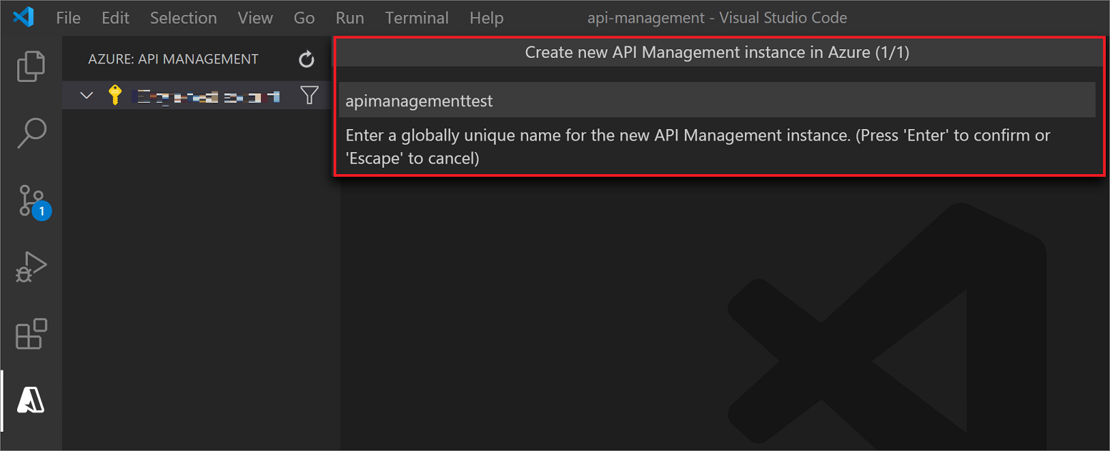 Asistente de creación de una instancia de API Management en VS&nbsp;Code