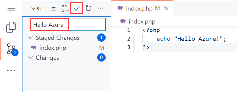 Captura de pantalla de Visual Studio Code en el explorador, panel de control de código fuente con un mensaje de confirmación de Hola Azure.