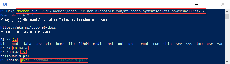 Captura de pantalla del script de implementación de plantillas de Resource Manager mediante el comando Docker.