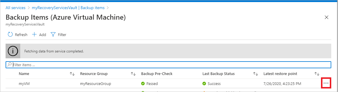 Captura de pantalla que muestra el botón de puntos suspensivos de un elemento de copia de seguridad.