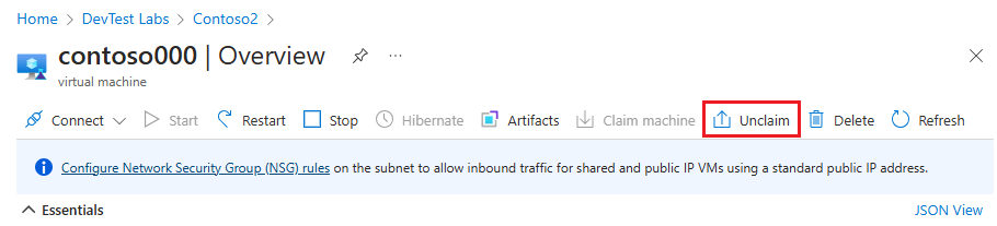 Captura de pantalla de Unclaim en la página Información general de la máquina virtual.