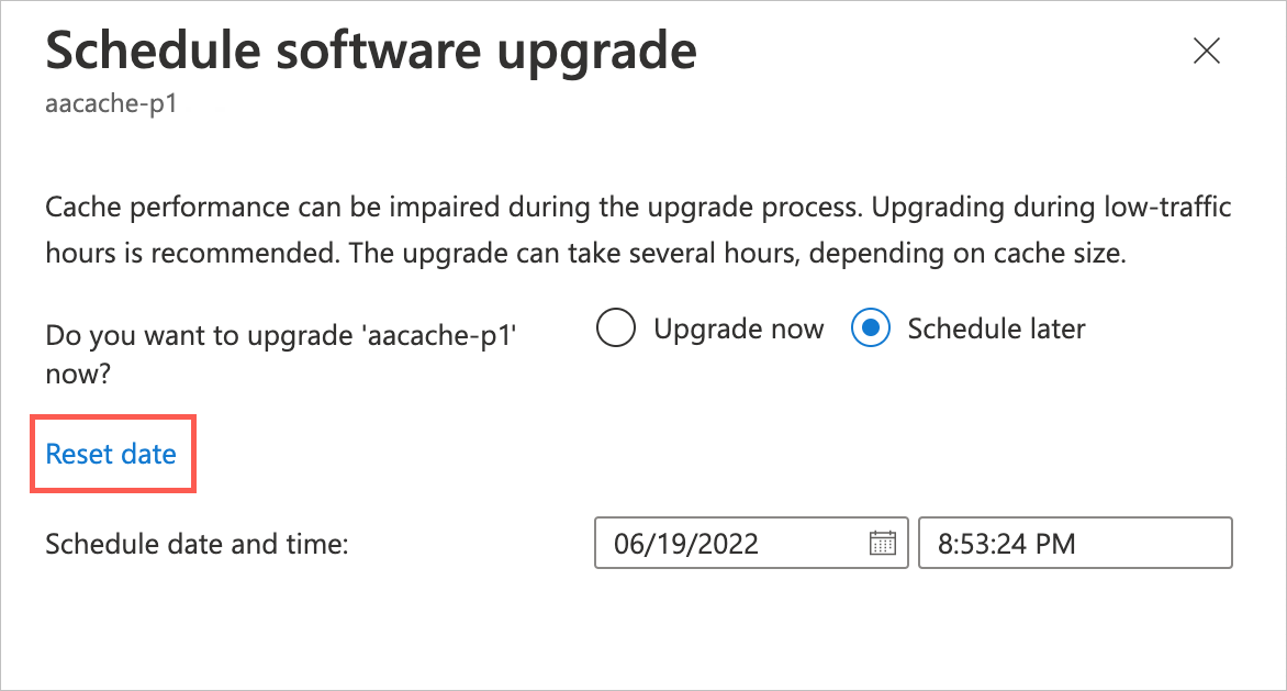 Screenshot of the Schedule software upgrade blade with a custom date selected. A text link appears at the left of the date labeled