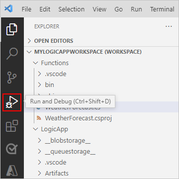 Captura de pantalla que muestra la barra de actividad de Visual&nbsp;Studio&nbsp;Code con la opción Ejecutar y depurar seleccionada.