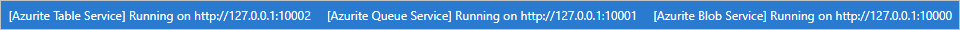 Captura de pantalla que muestra la barra de tareas de Visual&nbsp;Studio&nbsp;Code con Azure&nbsp;Blob&nbsp;Service, Azure&nbsp;Queue&nbsp;Service y Azure&nbsp;Table&nbsp;Service en ejecución.