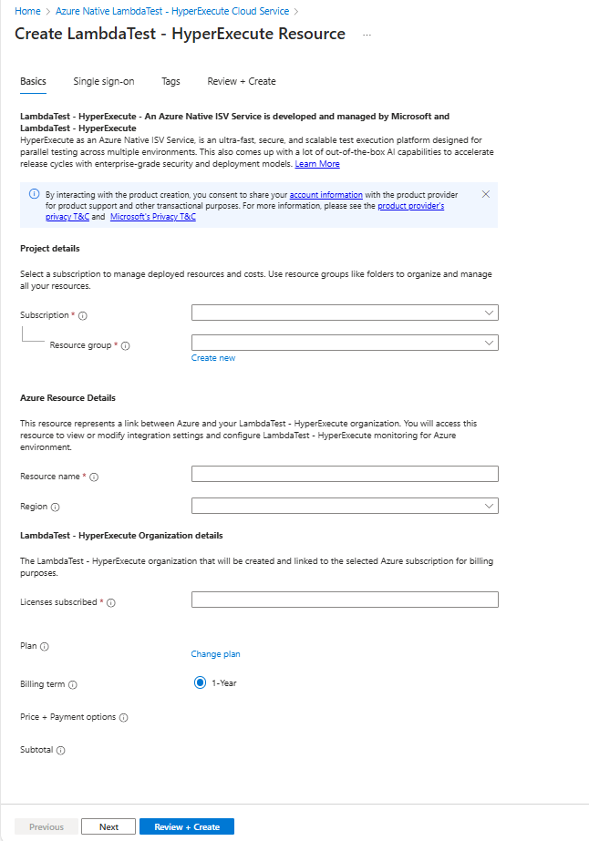 Captura de pantalla de las opciones Crear recurso LambdaTest - HyperExecute en Azure dentro del panel de trabajo del portal de Azure con la pestaña Aspectos básicos mostrada.